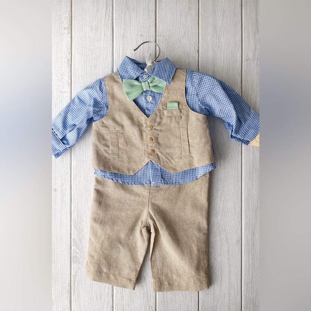NWT Starting Out Tan Vest and Blue Checkered Shirt with Green Bow Tie